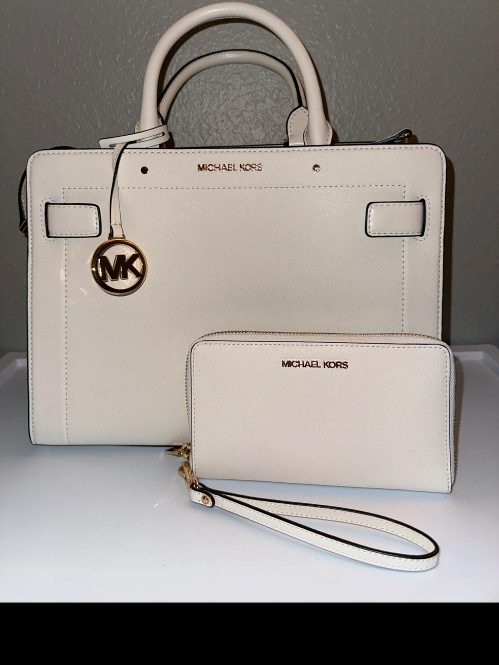 Michael Kors Cream Saffiano Leather Satchel with Matching Double Wristlet.